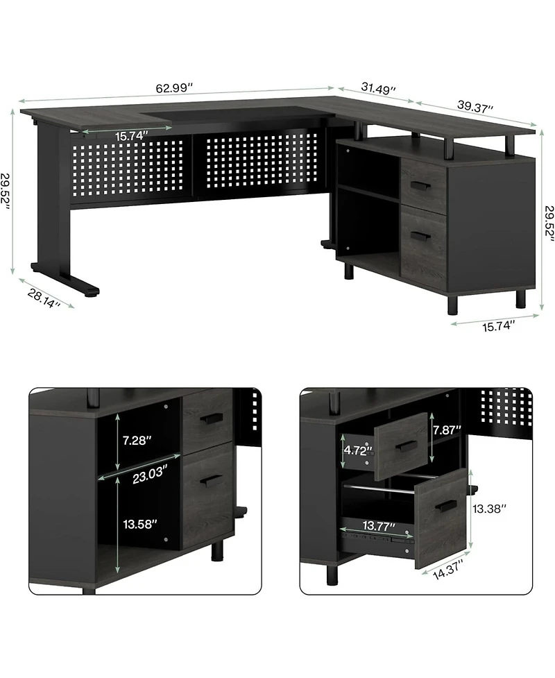 Tribesigns 63 Inch Executive Desk with File Cabinet, Large Office L Shaped Computer Drawers and Storage Shelves