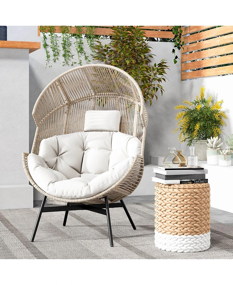 Oversized Egg Style Chair with Cushions & Headrest Heavy-Duty Metal Frame for Yard