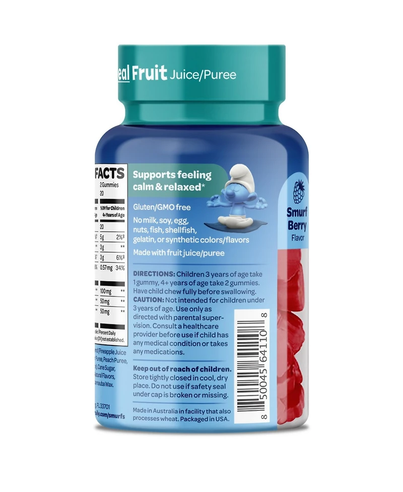 Smurfs Calm & Relaxed Kids Vitamin Gummies, Theanine, Lemon Balm & Vitamin B6 Berry Flavored, 40ct