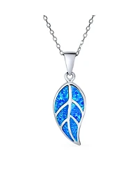 Bling Jewelry Created Blue Brown Fire Opal Inlay Nature Leaf Pendant Necklace Western .925 Sterling Silver