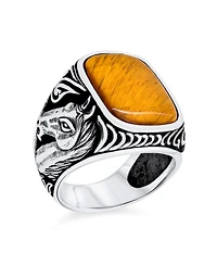 Bling Jewelry Natural Black Onyx Brown Tiger Eye Equestrian Stallion Horse Ring Sterling Silver