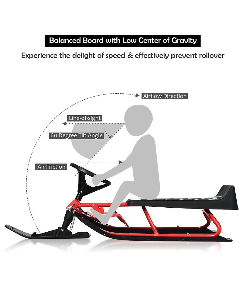Sugift Kids Snow Sled with Steering Wheel and Double Brakes Pull Rope-Red