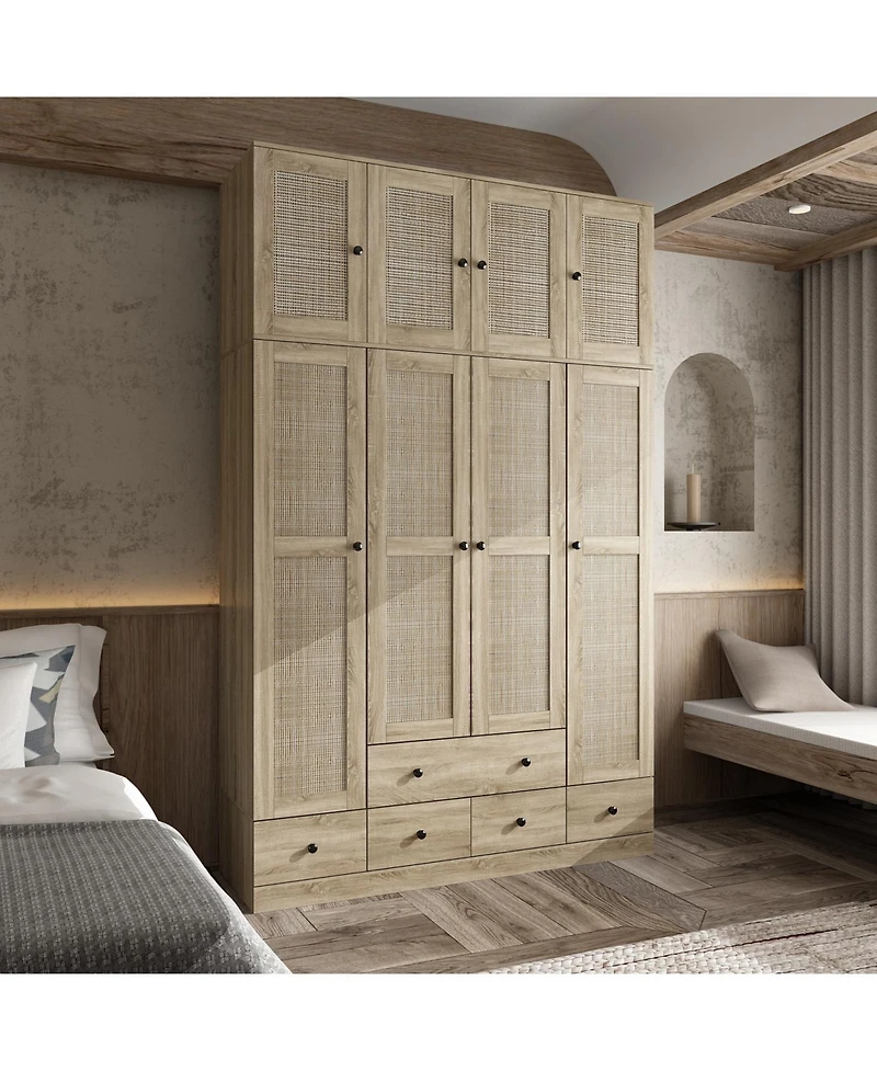 Famapy Brown Rattan Doors Wardrobe with 5-Drawers,2-Hanging Rods,Top Cabinet