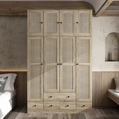 Famapy Brown Rattan Doors Wardrobe with 5-Drawers,2-Hanging Rods,Top Cabinet