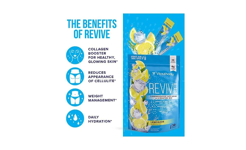 Vitauthority Revive Anti-Aging and Hydration Mix, Sugar-Free Electrolytes Powder Packets with Collagen for Women, Vitauthority, 30ct
