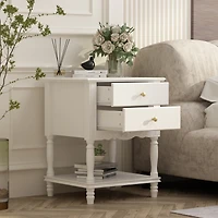 European style luxury white 2-drawer bedside table, bedroom nightstand, wooden end table