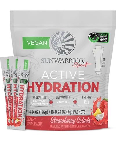 Sunwarrior Active Hydration Strawberry Colada Powder, Sugar Free B12 Elderberry and Electrolytes Water Enhancer, Sunwarrior, 18 stick packs 126g pouch