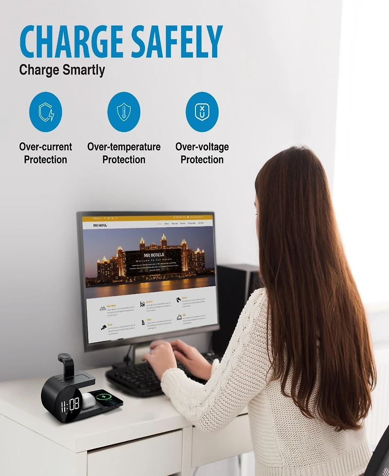 Brookstone 3-in-1 Wireless Charging Stand and Alarm Clock for iPhone, Airpods, and Apple Watch