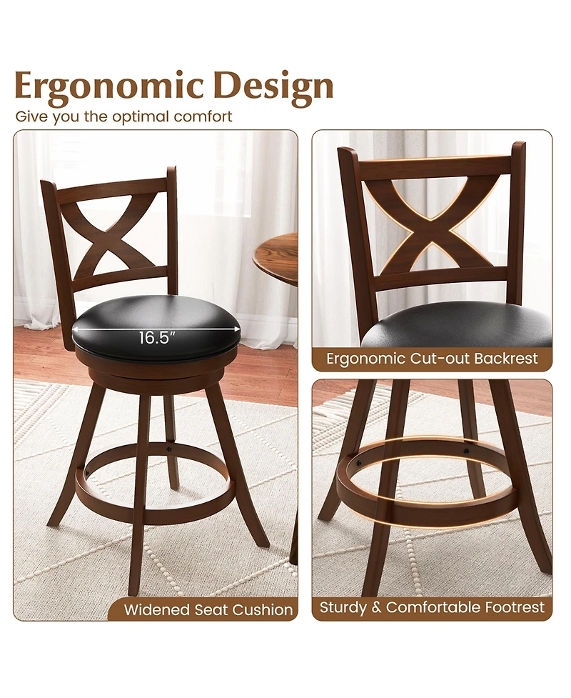 Set of 2 Bar Stools 24'' Classic Counter Height Swivel Chairs for Kitchen Pub