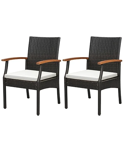 2PCS Patio Pe Wicker Chairs Acacia Wood Armrests with Soft Zippered Cushion Balcony