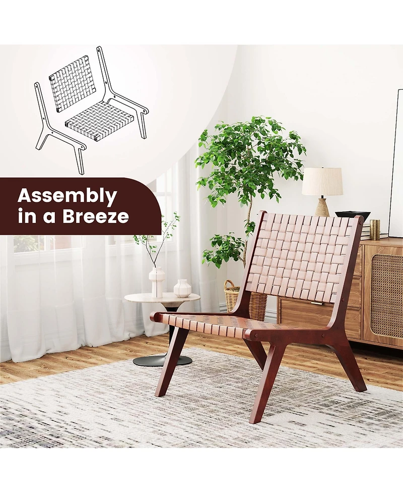 Woven Leather Accent Chair Mid Century Rubber Wood Armless Side Chair