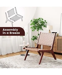 Woven Leather Accent Chair Mid Century Rubber Wood Armless Side Chair