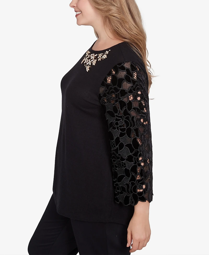 Ruby Rd. Plus Size Velvet Rosette Lace Sleeve Bejeweled Top