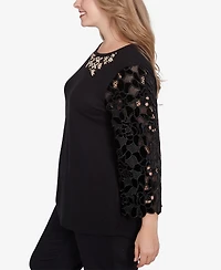 Ruby Rd. Plus Size Velvet Rosette Lace Sleeve Bejeweled Top