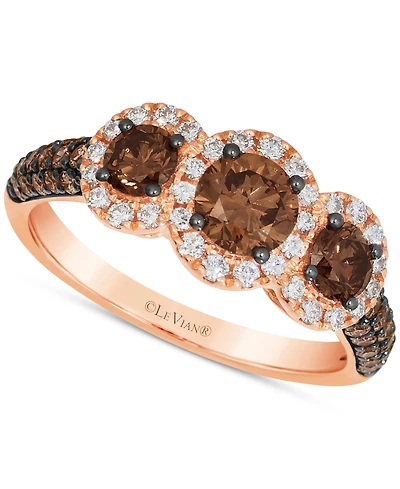 Le Vian Chocolatier Chocolate Diamond & Vanilla Diamond Three Stone Halo Ring (1-1/2 ct. t.w.) in 14k Rose Gold
