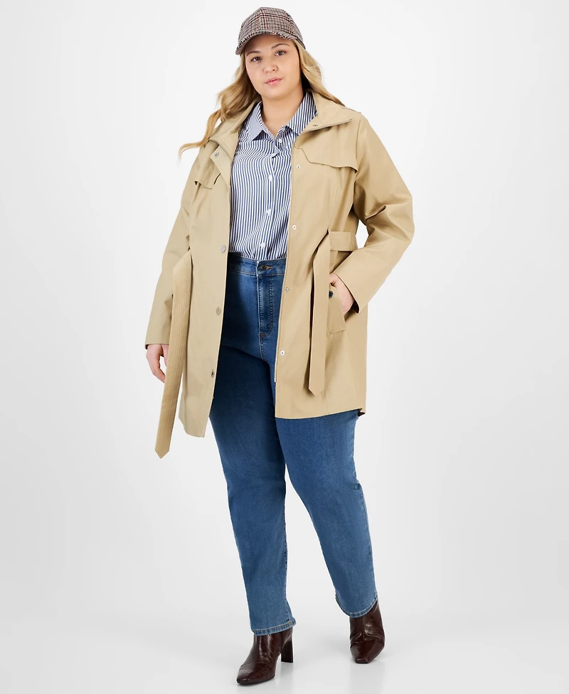 London Fog Plus Size Zip-Front Hooded Belted Trench Coat