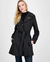 London Fog Petite Single-Breasted Hooded Belted Trench Coat
