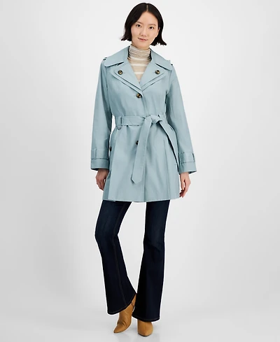 London Fog Petite Single-Breasted Hooded Belted Trench Coat