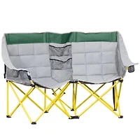 Loveseat Style Camping Chair, Oversized Folding Lawn Chair with Carry Bag & Cup Holders, for Outdoor, Beach, Picnic, Hiking, Travel, Green & Gray