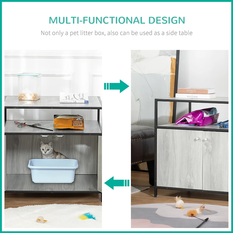 Wooden Cat Litter Box Enclosure, Hidden Kitten Washroom, Indoor End Table with Magnetic Doors & Storage Shelves, Gray