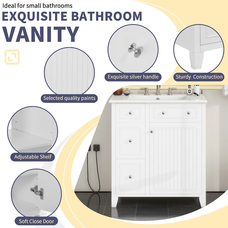 30-Inch Bathroom Vanity Cabinet with Ceramic Basin, Double-Layer Drawer, Deep Drawer and Adjustable Shelf
