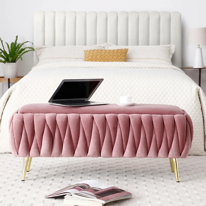 Oval Storage Bench with Gold Legs, Velvet Fabric Upholstered Ottoman Storage Benches for Bedroom End of Bed, Sherpa Fabric Bench for Living Room, Dini