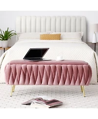Oval Storage Bench with Gold Legs, Velvet Fabric Upholstered Ottoman Storage Benches for Bedroom End of Bed, Sherpa Fabric Bench for Living Room, Dini