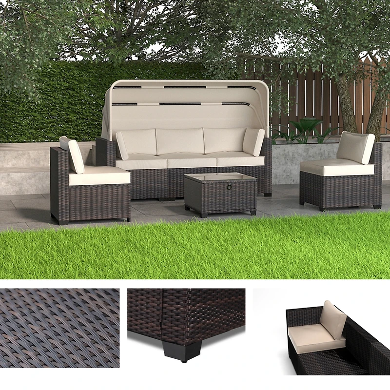 Streamdale 6-Piece Outdoor Rattan Daybed Set with Retractable Canopy