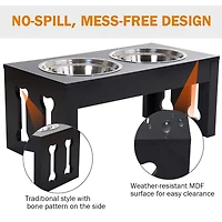 23" Modern Decorative Dog Bone Wooden Heavy Duty Pet Food Bowl Elevated Feeding Station - Black