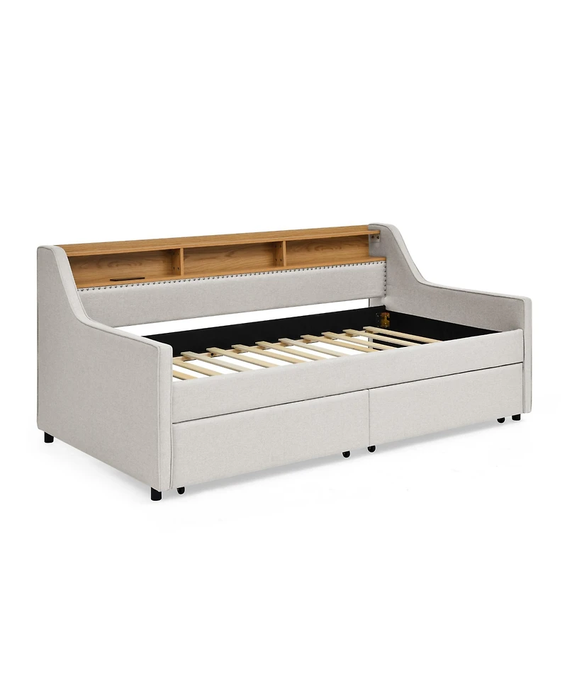 Streamdale Furniture Twin Size Upholstery Sofa Bed with Three Led lights, with Storage Adjustable Headboard, with Two Storage Pull Up drawers and Wire