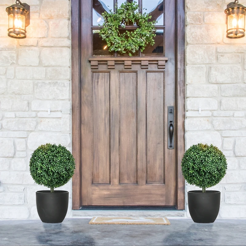 1.3' (15.7") Artificial Boxwood Topiary Trees with Ground Stake, Uv Resistant Set of 2 Ball Shaped Trees, Indoor Outdoor Fake Plants for Home Off