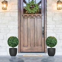 1.3' (15.7") Artificial Boxwood Topiary Trees with Ground Stake, Uv Resistant Set of 2 Ball Shaped Trees, Indoor Outdoor Fake Plants for Home Off