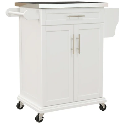 Kitchen Island on Wheels, Rolling Kitchen Cart with Stainless Steel Countertop, Drawer, Towel Rack and Spice Rack, Utility Storage Trolley, Cream Whit