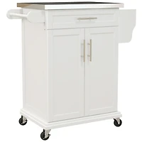 Kitchen Island on Wheels, Rolling Kitchen Cart with Stainless Steel Countertop, Drawer, Towel Rack and Spice Rack, Utility Storage Trolley, Cream Whit