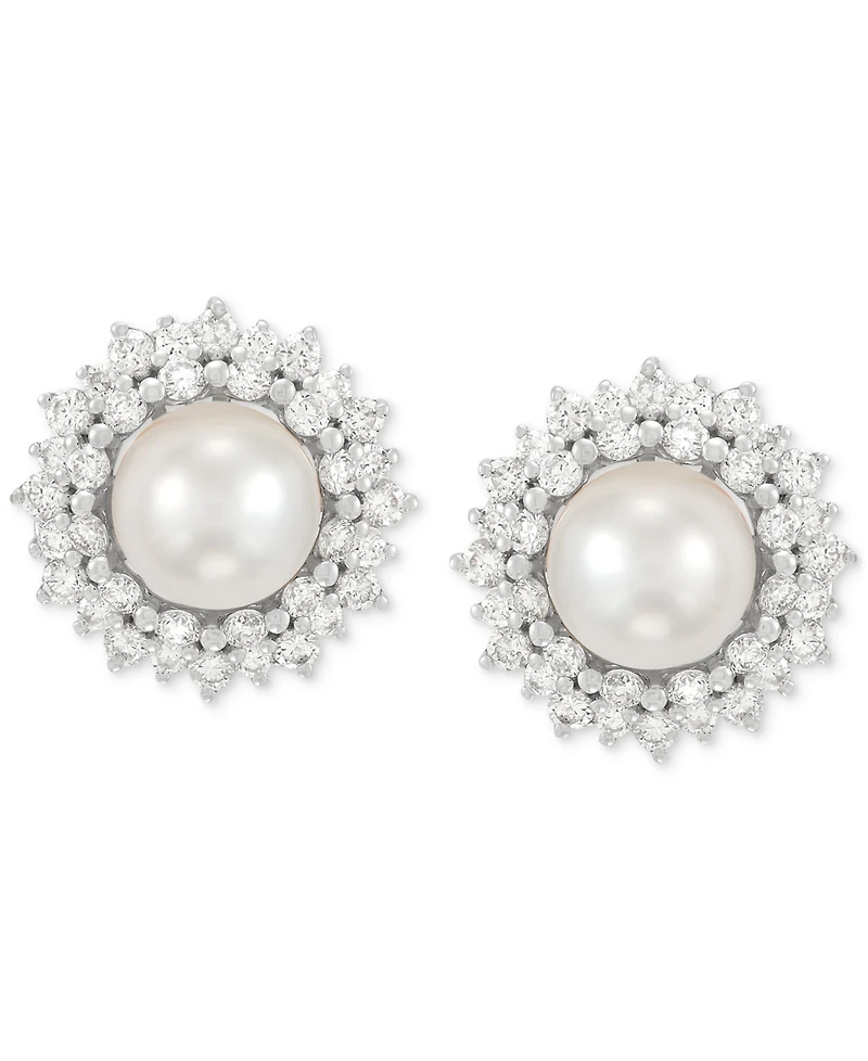 Grown With Love Cultured Freshwater Pearl (6mm) & Lab Grown Diamond (3/4 ct. t.w.) Halo Stud Earrings in 14k White Gold
