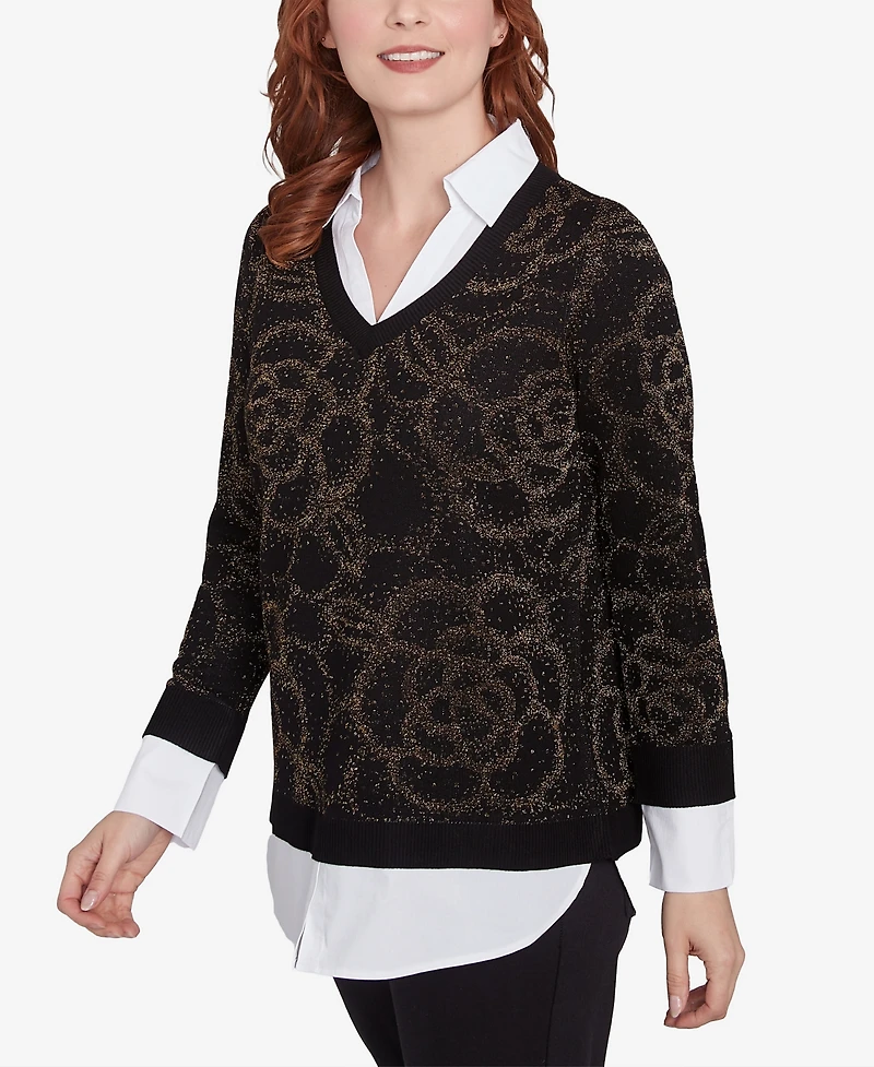 Ruby Rd. Petite Metallic Floral Layered Shirt Collar V-Neck Sweater