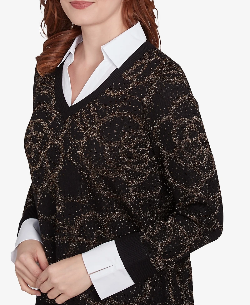 Ruby Rd. Petite Metallic Floral Layered Shirt Collar V-Neck Sweater