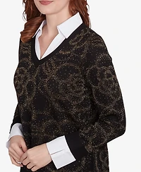 Ruby Rd. Petite Metallic Floral Layered Shirt Collar V-Neck Sweater