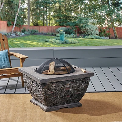 Streamdale 32" Mgo Light-Weight Concrete Wood Burning Square Fire Pit, Grey