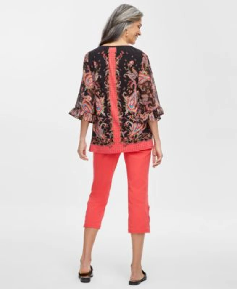 Jm Collection Womens Printed Ruffle Chiffon Sleeve Top Capri Pants Created For Macys