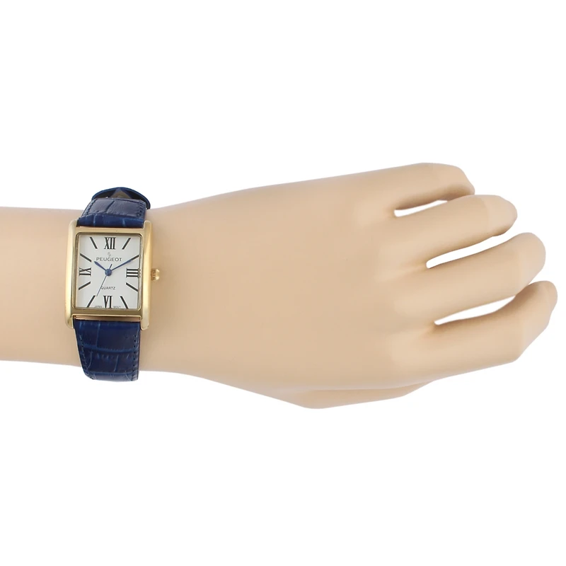 Peugeot Women's Tank Watch Roman Dial Blue Leather Strap