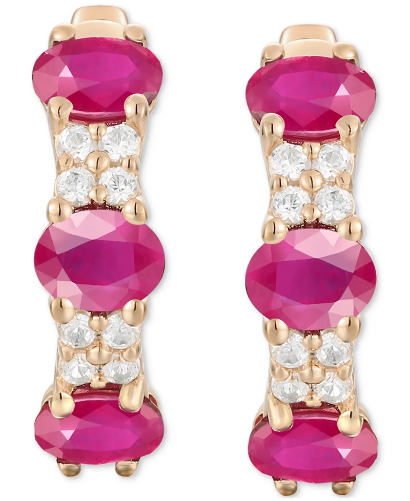 Ruby (1-1/3 ct. t.w.) & Diamond (1/6 Oval Small Hoop Earrings 14K Gold, 0.5" (Also available Emerald Sapphire)