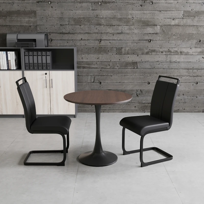 Simplie Fun Walnut circular dining table, 31.5" tulip dining table, kitchen dining table for 2-4 people, Mdf tabletop and base, and 2 black Pu black m