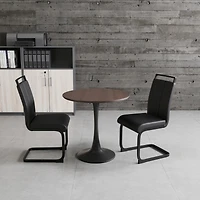 Simplie Fun Walnut circular dining table, 31.5" tulip dining table, kitchen dining table for 2-4 people, Mdf tabletop and base, and 2 black Pu black m
