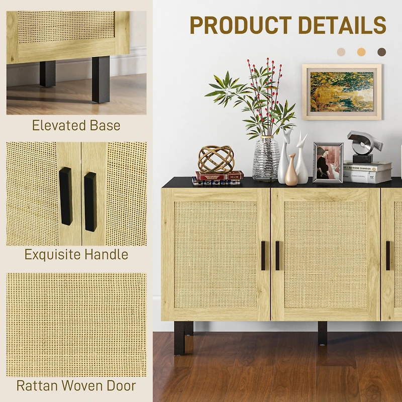 Sideboard Buffet Cabinet, Kitchen Cabinet, Coffee Bar Cabinet with 3 Rattan Doors and Adjustable Shelves, Black and Natural
