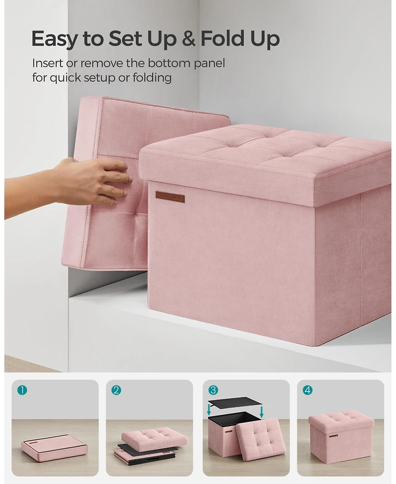 Songmics Home Foldable Storage Ottoman Bench for Living Room, Bedroom, Pastel Pink