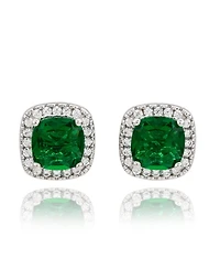 Suzy Levian Sterling Silver Cushion Cut Green Cubic Zirconia Halo Studs