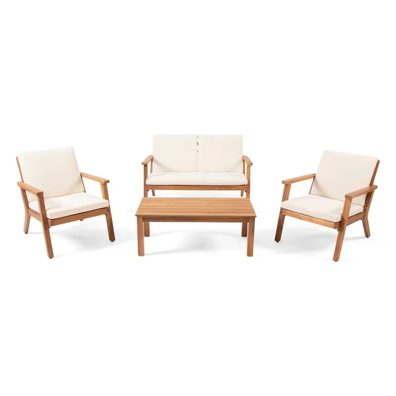 Temecula Outdoor Acacia Wood 4-Seater Chat Set_Loveseat&Coffee Table&2 Club Chairs - Brown Patina Finish + Cream Cushion
