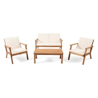 Temecula Outdoor Acacia Wood 4-Seater Chat Set_Loveseat&Coffee Table&2 Club Chairs - Brown Patina Finish + Cream Cushion
