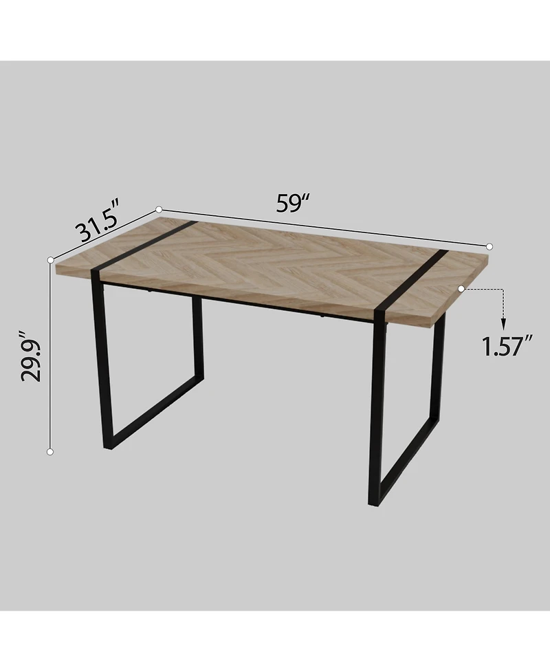 Streamdale Furniture 59" rural industrial rectangular Mdf light wood dining table, 4-6 people, 1.5" thick engineering wood tabletop and black rectangu